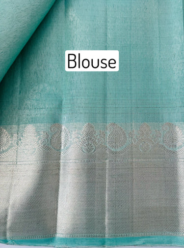 ShopNaya Exclusive | Metallic Kanchipuram Pure Silk Saree | Pastel Cyan Blue | Pure Silver Zari | Handwoven | Ships from California